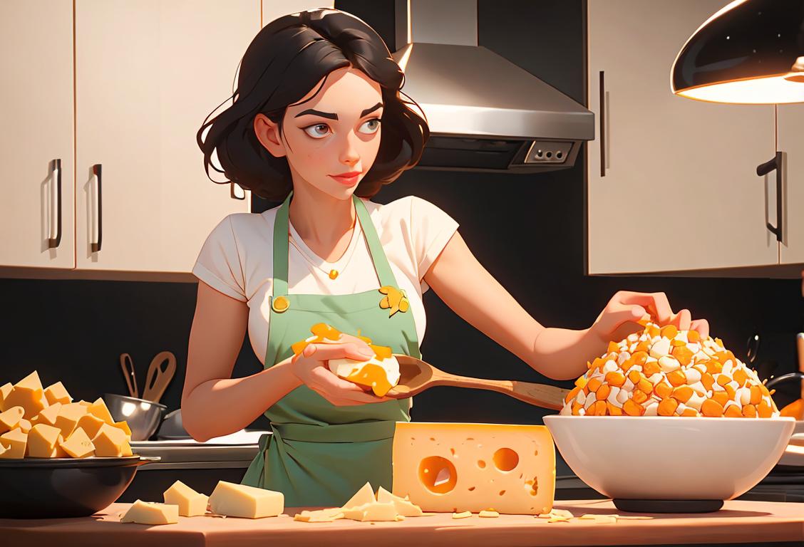 Young woman wearing an apron, holding a cheese ball, surrounded by kitchen utensils, preparing a cheesy masterpiece on National Cheese Ball Day..