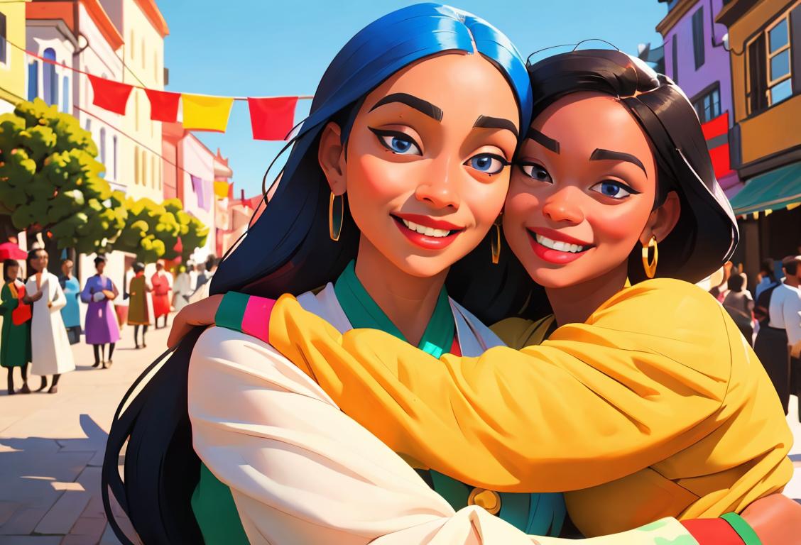 A diverse group of people in vibrant traditional clothing, representing various cultures and backgrounds, smiling and embracing in a colorful city setting..