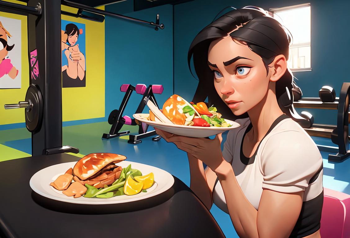 A fit woman in workout clothes, enjoying a protein-packed meal with enthusiasm, vibrant gym atmosphere..