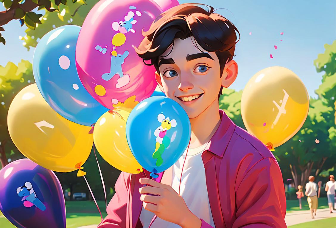 Young person wearing a friendly smile, holding a bunch of colorful balloons, dressed in casual attire, outdoor park setting..
