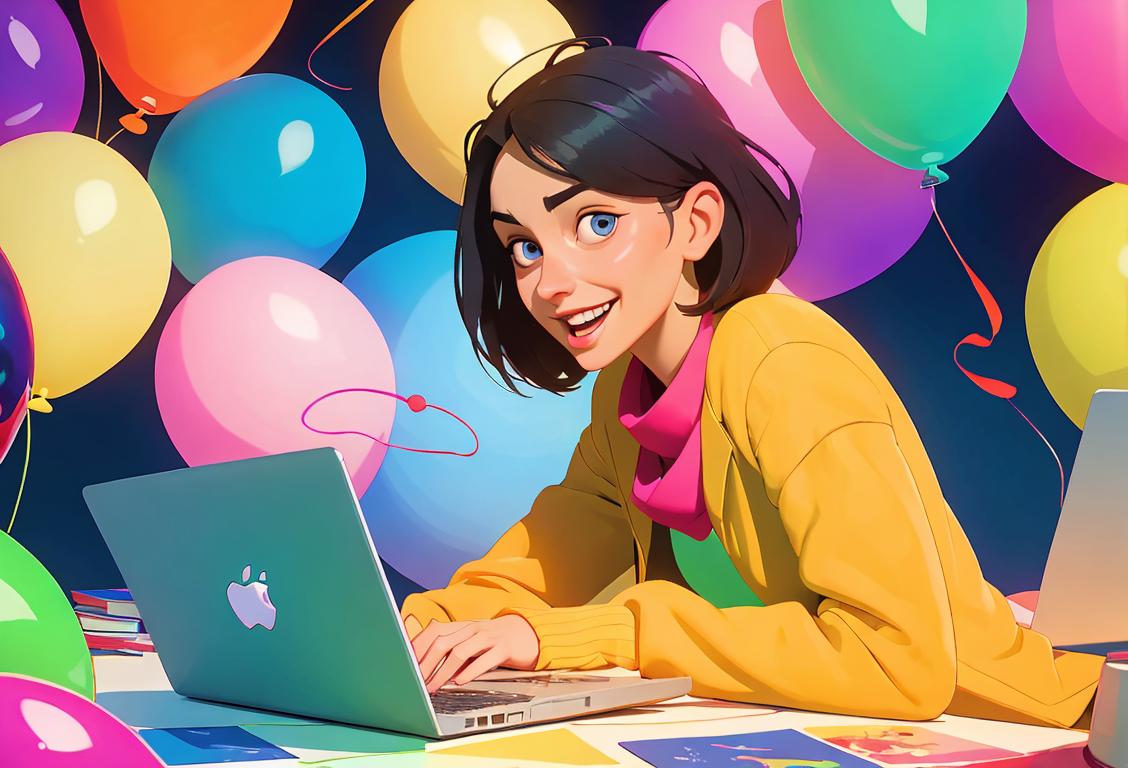 A joyful person with a laptop, wearing a colorful outfit, surrounded by books and balloons..