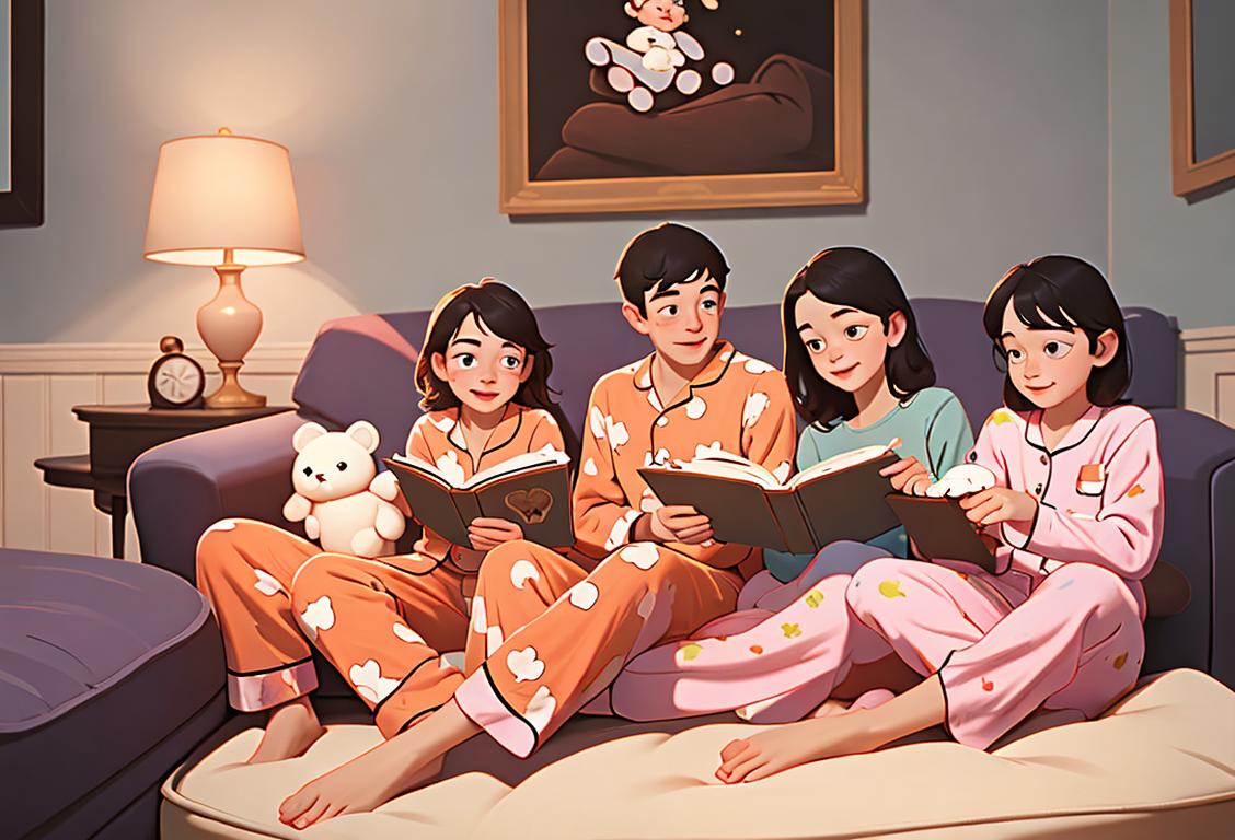 Happy family in matching pajamas, sitting on a cozy couch, surrounded by stuffed animals and reading bedtime stories..