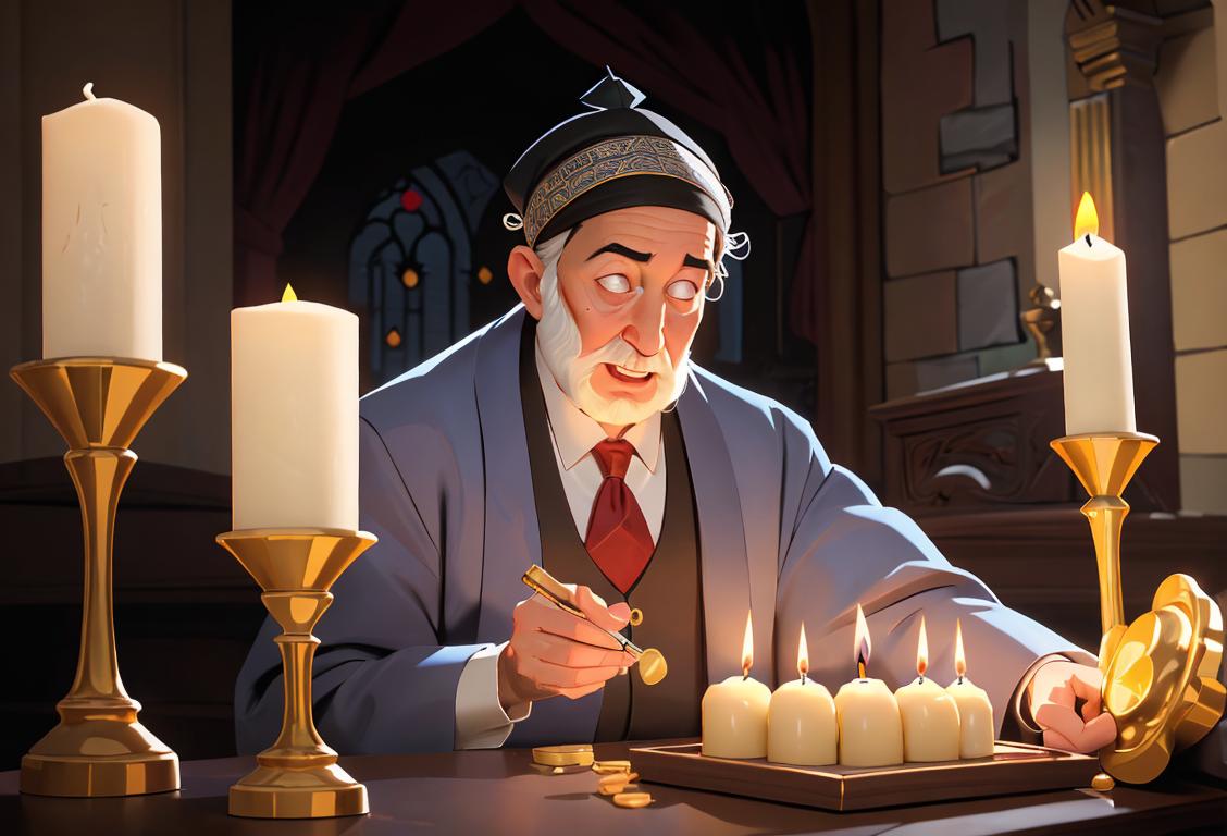 Cheerful man lighting a candle, wearing a yarmulke, traditional Jewish fashion, synagogue setting..