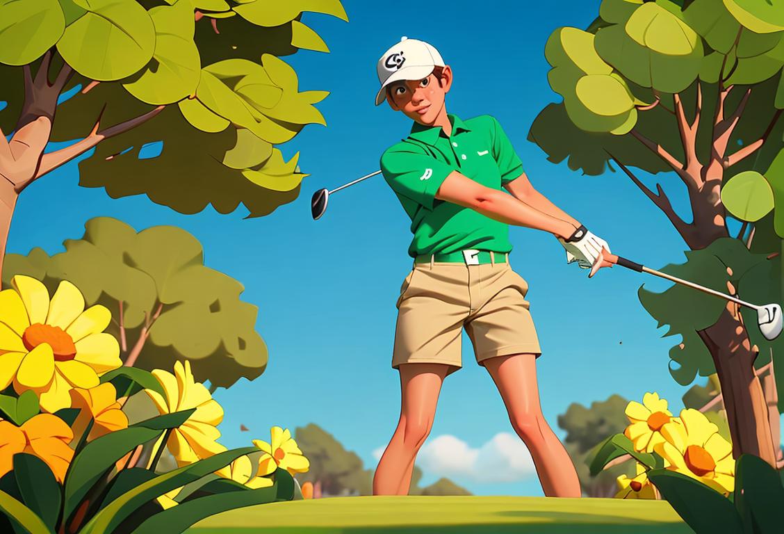 Golfer in a vibrant polo shirt and khaki shorts, swinging a club on a lush green course, surrounded by cheering friends..