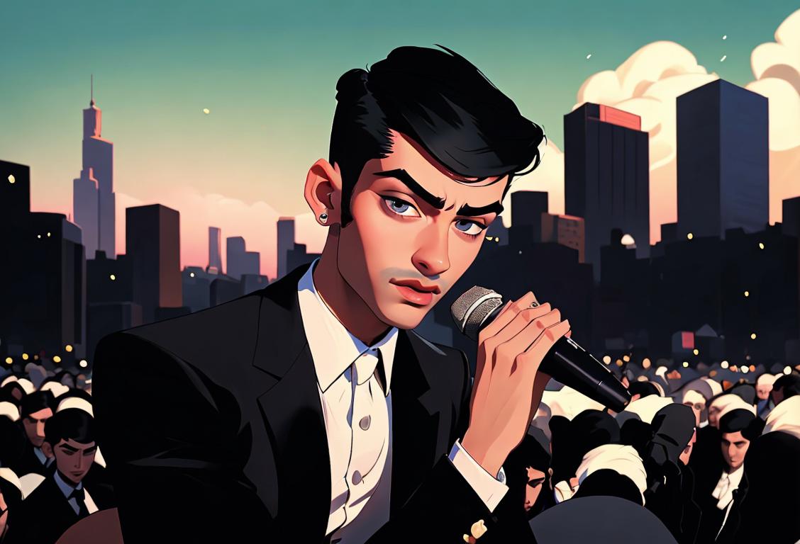 Young man with stylish hair, wearing a sleek black suit, amidst a bustling cityscape, holding a microphone and serenading fans for National Zayn Day..