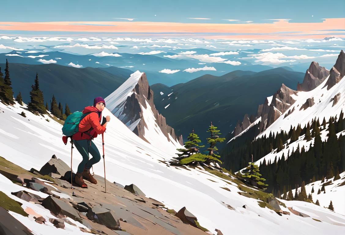 Person reaching the summit of a mountain, wearing hiking gear, surrounded by a breathtaking natural landscape..