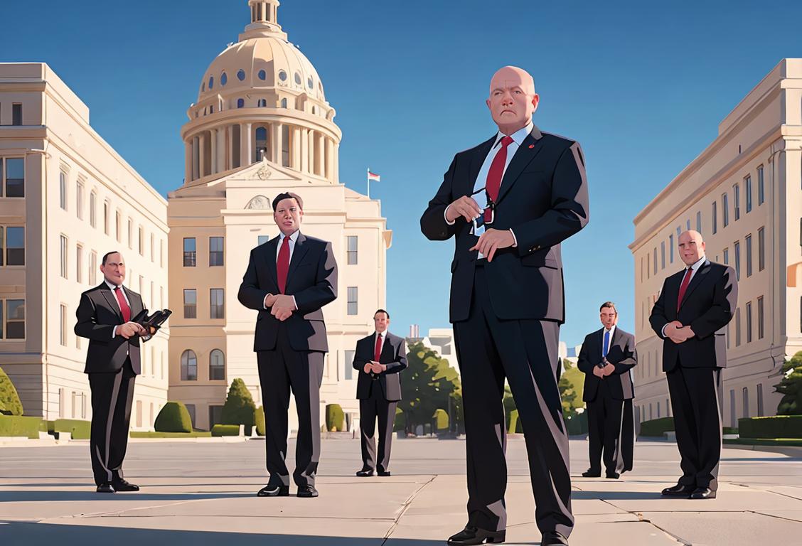 Group of people in formal attire, holding walkie-talkies, standing in front of a government building, with an American flag in the background..