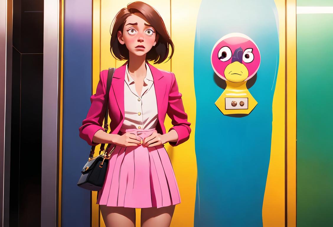 Young woman in a colorful outfit, standing in a crowded elevator, embarrassed expressions from other passengers, illustrating National Awkward Moment Day..