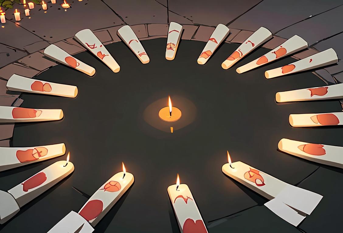 A group of diverse individuals lighting candles and embracing while surrounded by indigenous artwork, symbolizing unity and remembrance..