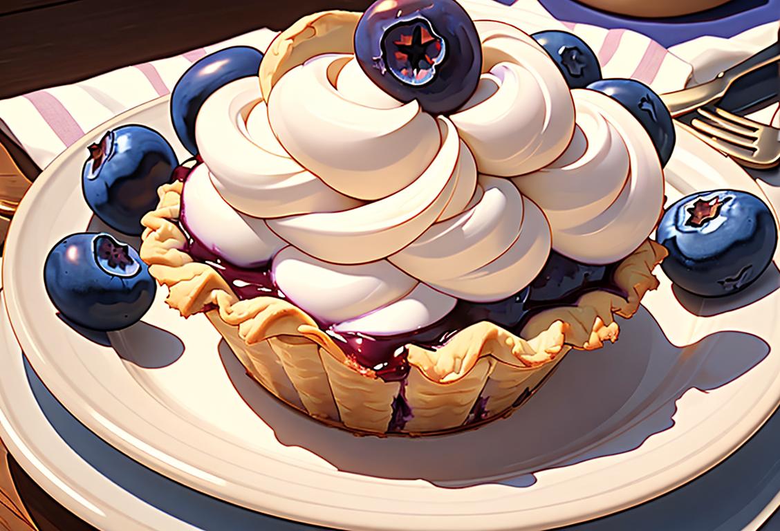 Close-up of a homemade blueberry pie with golden crust, fresh blueberries, and a dollop of whipped cream. Rustic kitchen setting with a vintage apron and rolling pin..