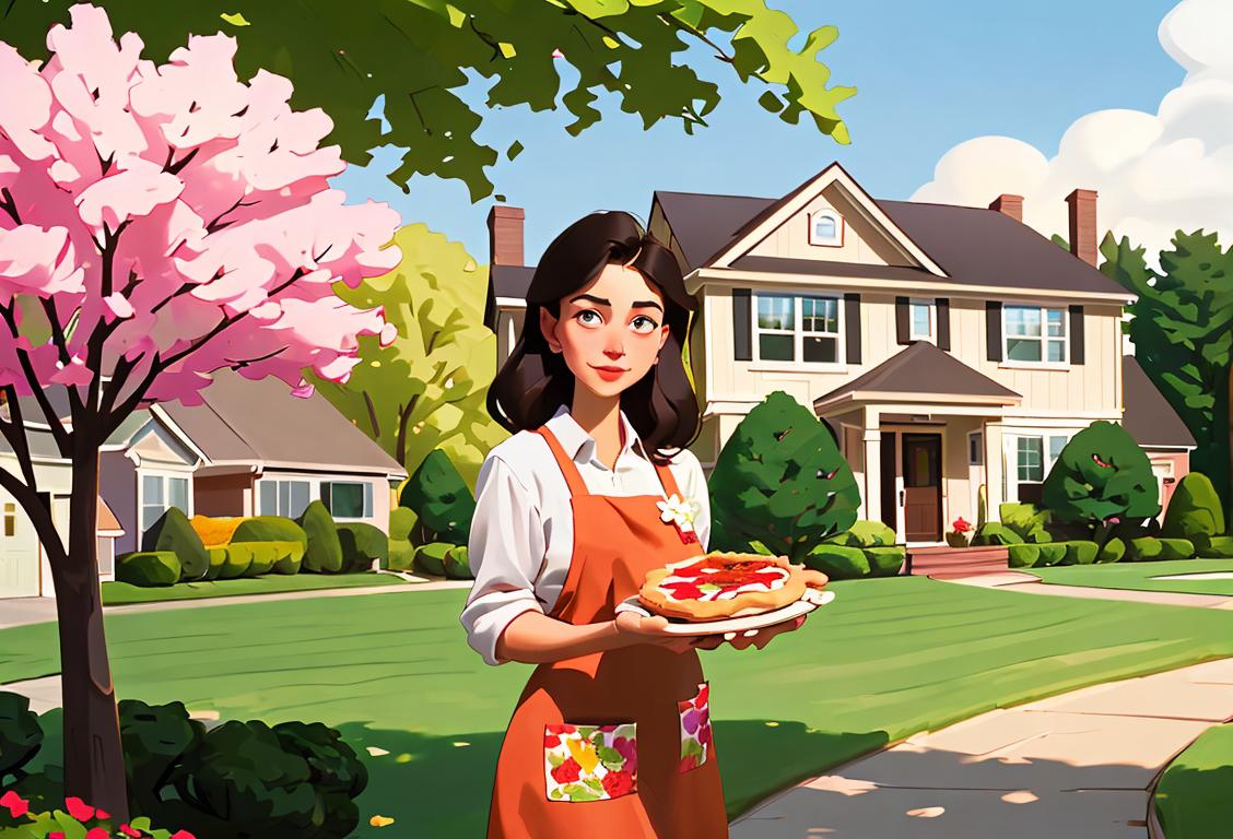 Young woman next door, holding a home-baked pie, wearing a floral apron, suburban neighborhood setting with colorful houses and well-manicured lawns..
