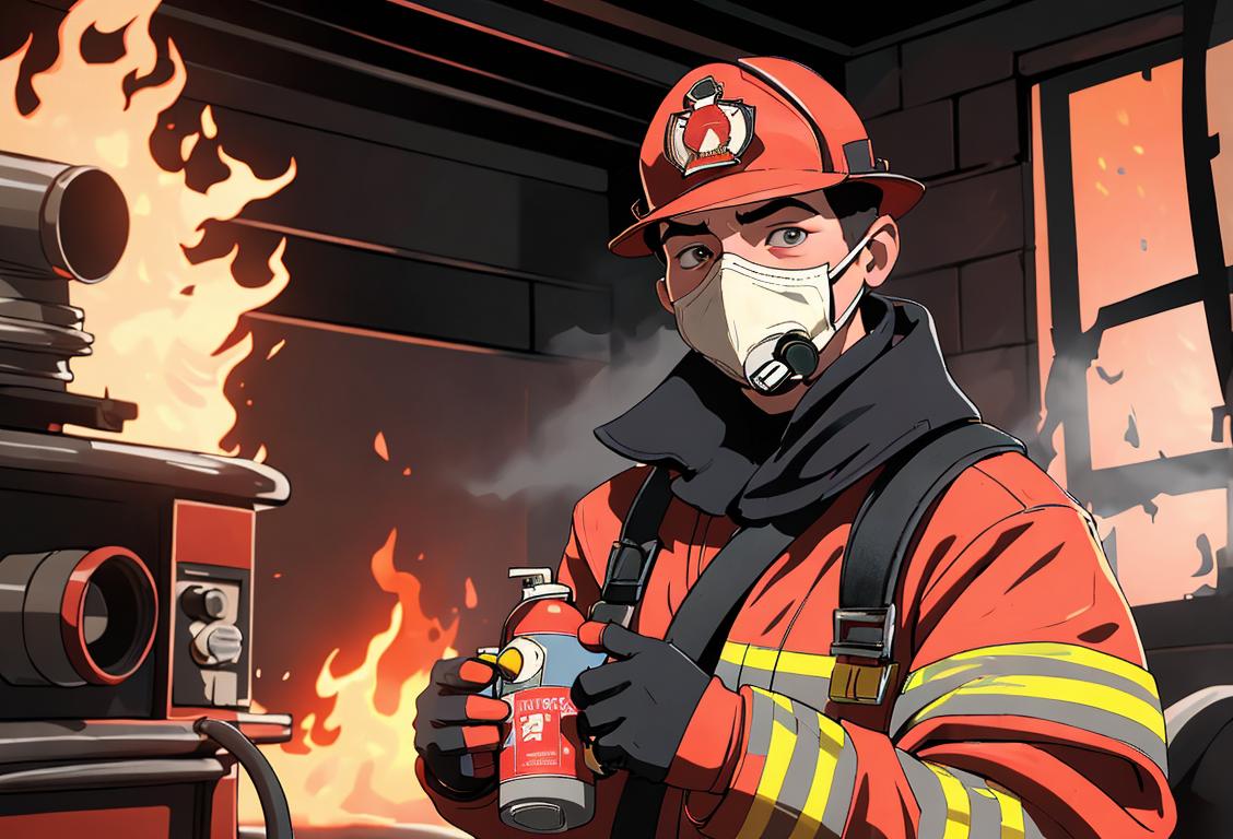 Friendly person wearing a burn mask, holding a fire extinguisher, surrounded by firefighters, fire station scene.