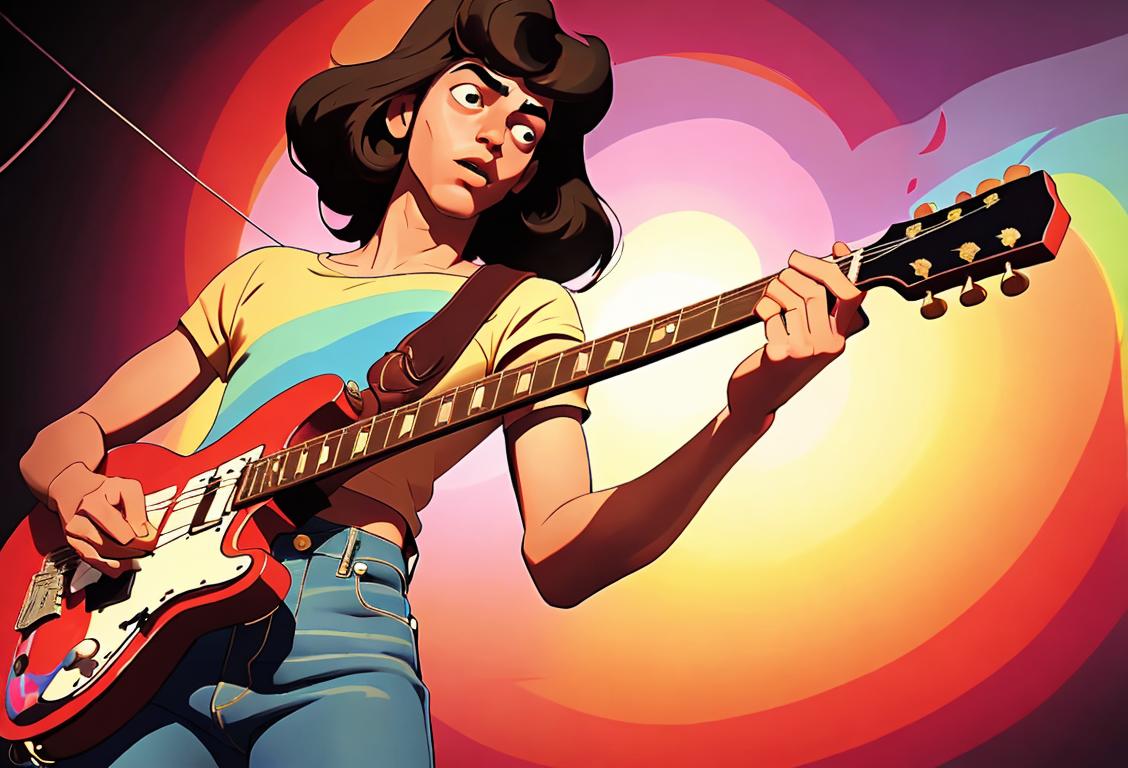 Young man playing a vintage guitar, wearing bell-bottom jeans, hippie fashion style, psychedelic 70s music scene.