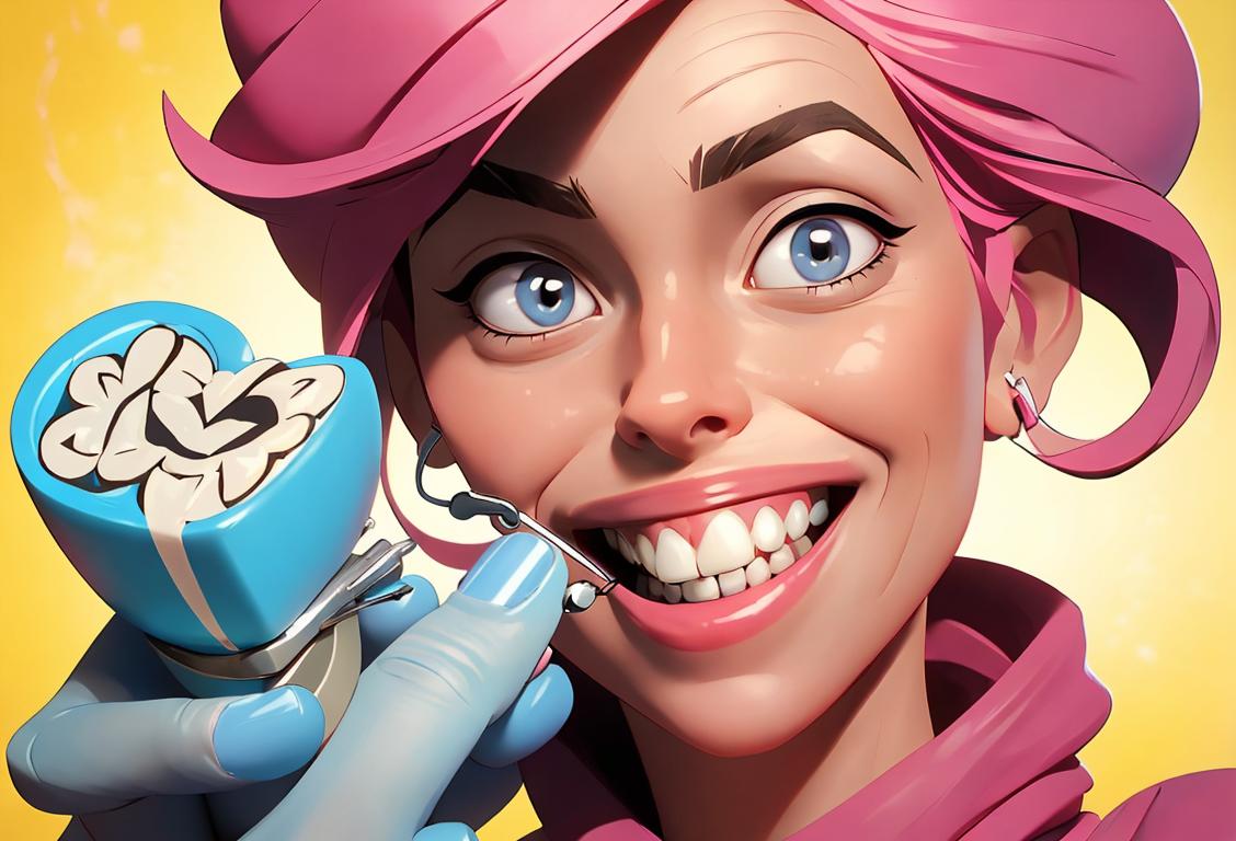 A cheerful person with a smile, wearing dental scrubs, holding a giant floss prop, with a dental clinic setting and dental tools in the background..