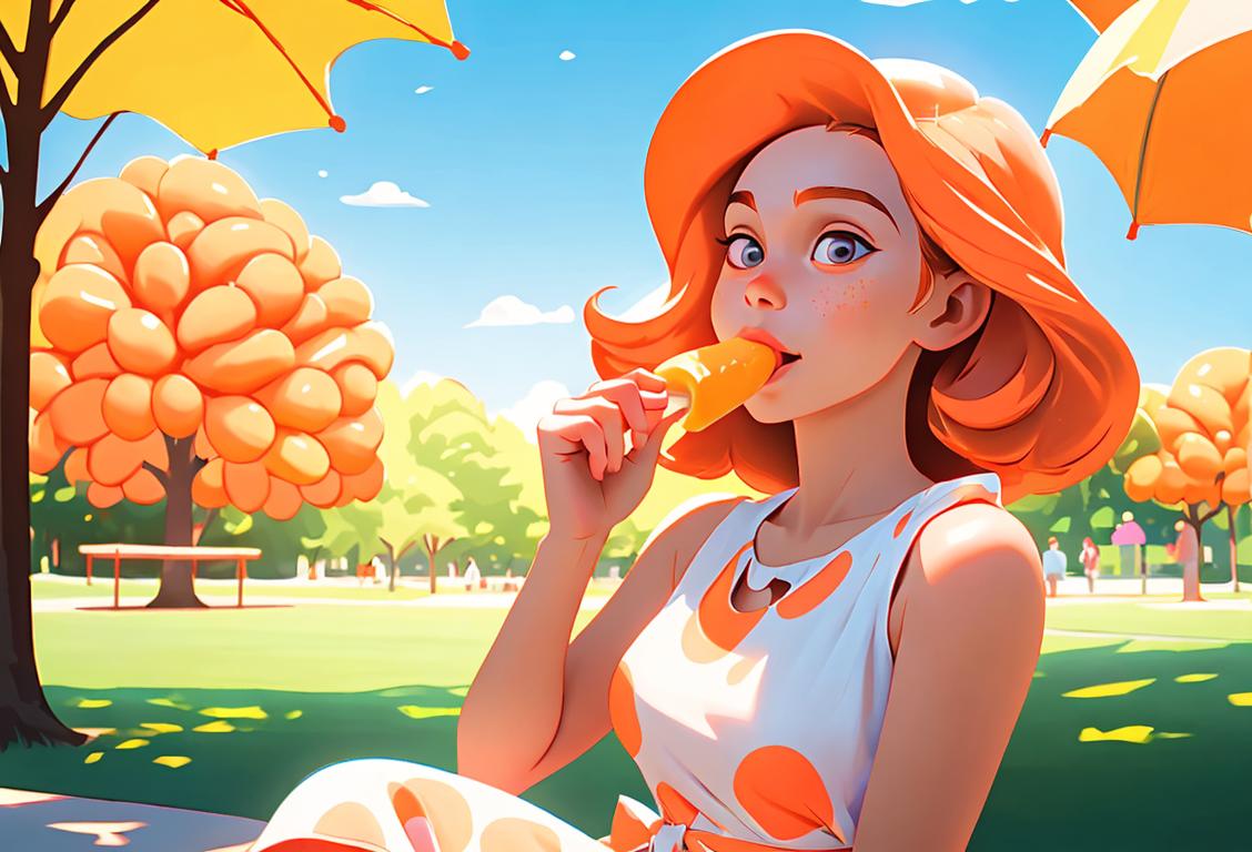 Young girl happily eating a creamsicle in a sunny, colorful park, wearing a retro polka dot dress..