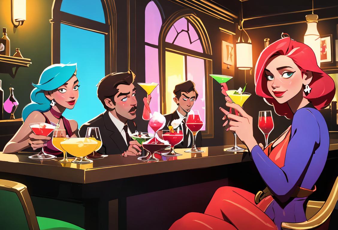 A group of friends cheers with colorful liqueur cocktails, dressed in trendy attire, enjoying a vibrant bar atmosphere..
