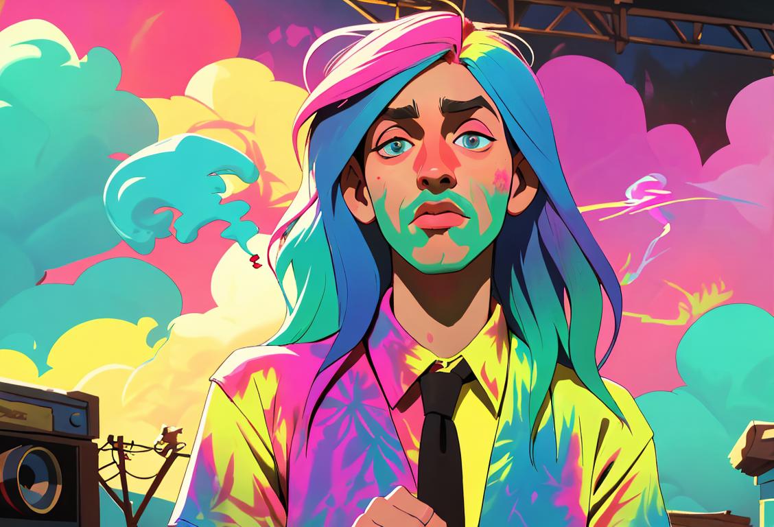 Young adult surrounded by colorful smoke, wearing tie-dye shirt, hippie fashion, outdoor music festival atmosphere..