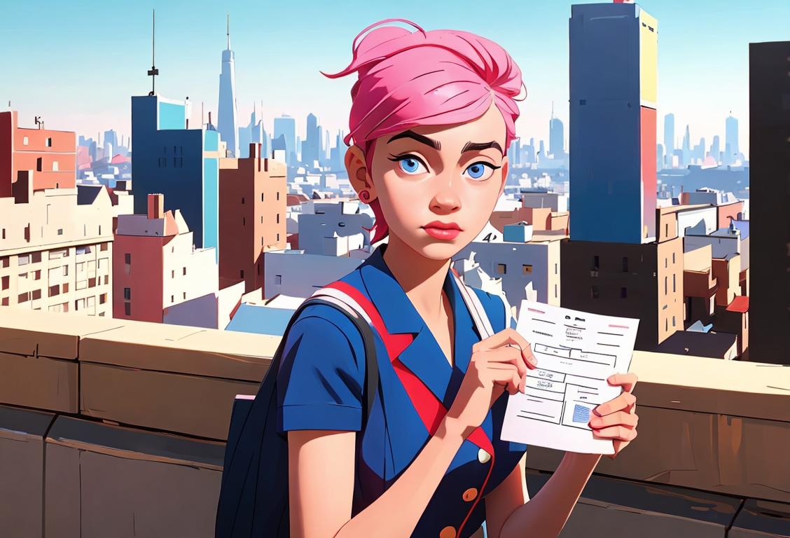 Young person with a patriotic pin, holding voter registration form, vibrant cityscape backdrop, contemporary fashion style..