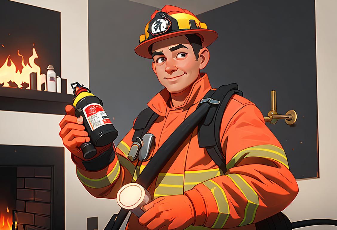 Cheerful firefighter wearing full gear, holding a fire extinguisher, in a modern home setting with helpful fire prevention tips on the wall..
