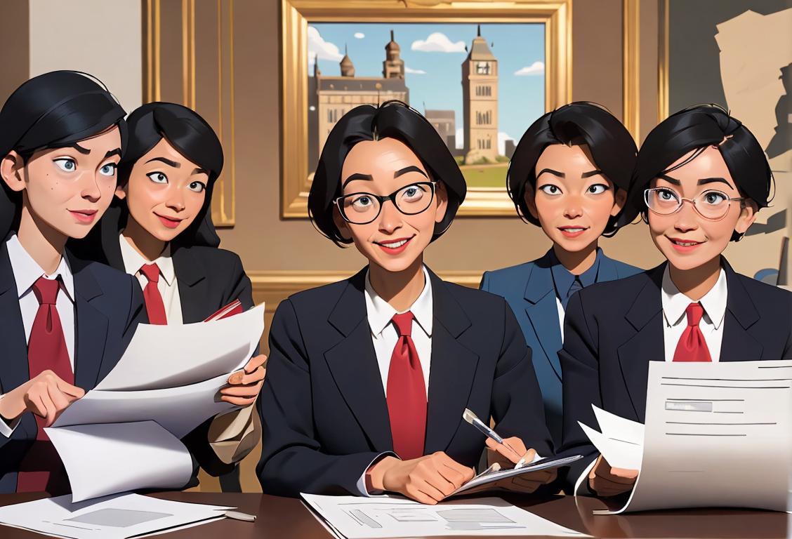 A group of diverse individuals in professional attire, holding paperwork and smiling, against the backdrop of a bustling government office..