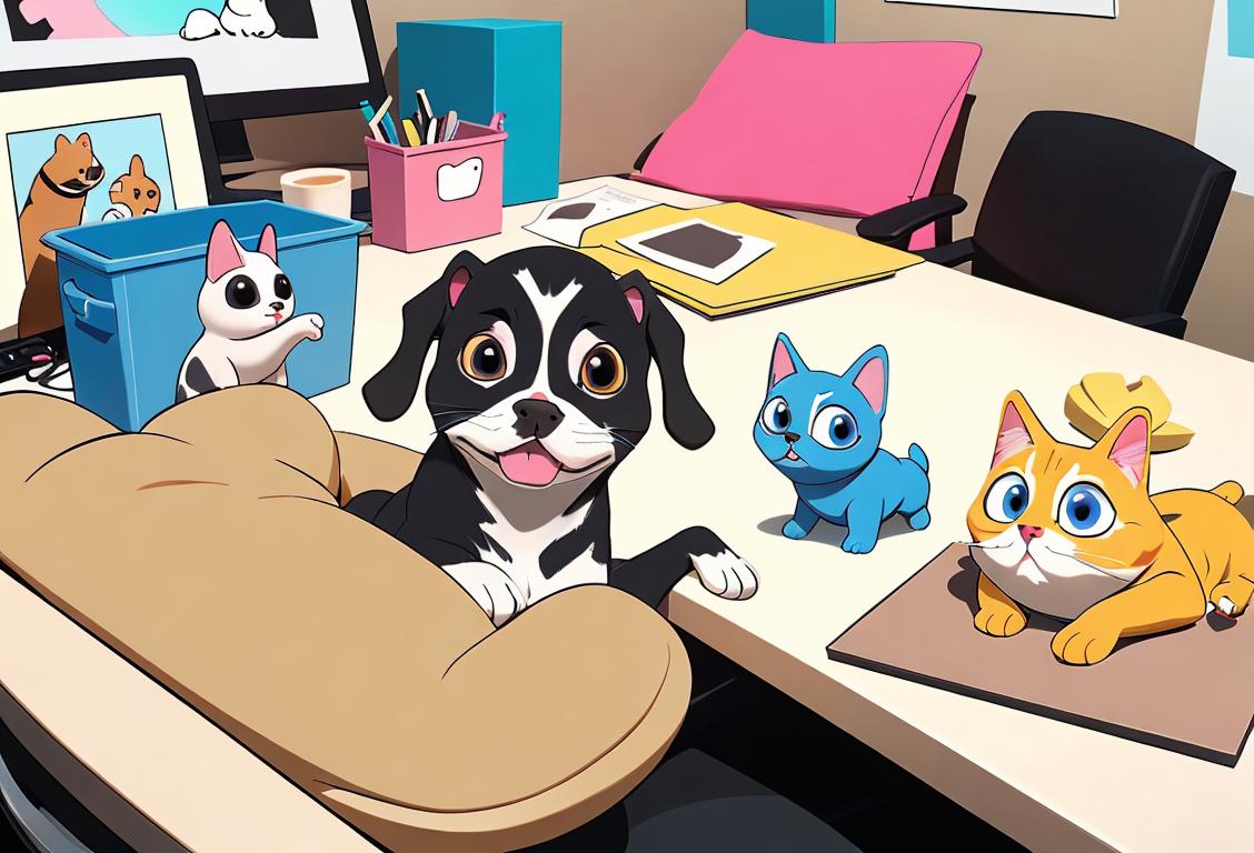 A cheerful scene of various professionals with their adorable pets in trendy office attire, surrounded by cozy workspaces and playful pet accessories..