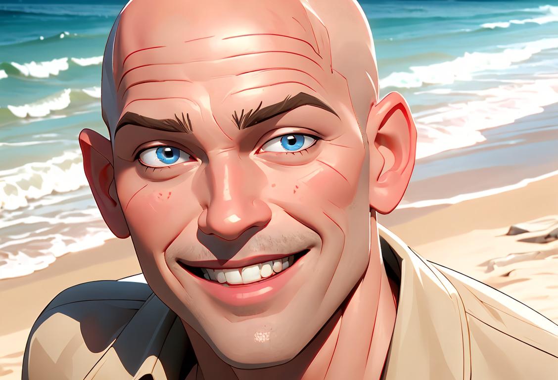 Bald man smiling and confidently applying sunscreen to his shiny head on a sunny beach..