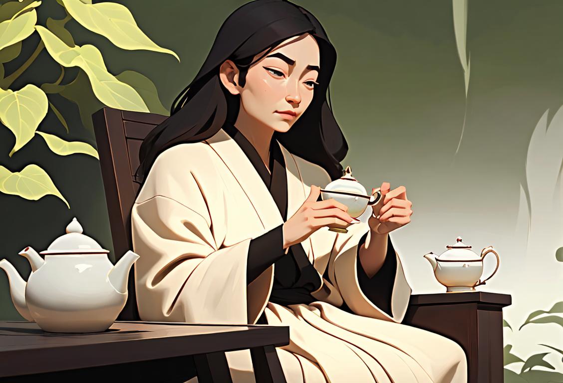 A serene individual in a flowing robe, sipping herbal tea in a minimalist, tranquil setting..