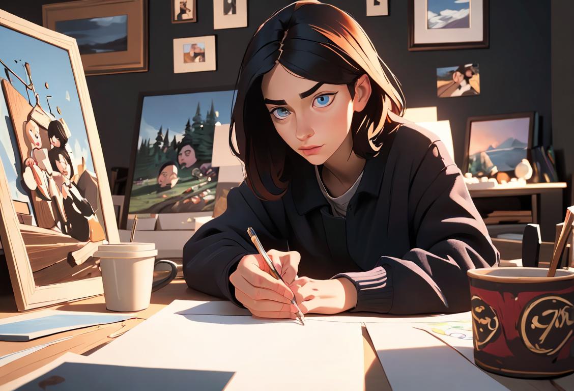 A person surrounded by various artistic materials, wearing cozy clothing, in a creative studio or home atmosphere..