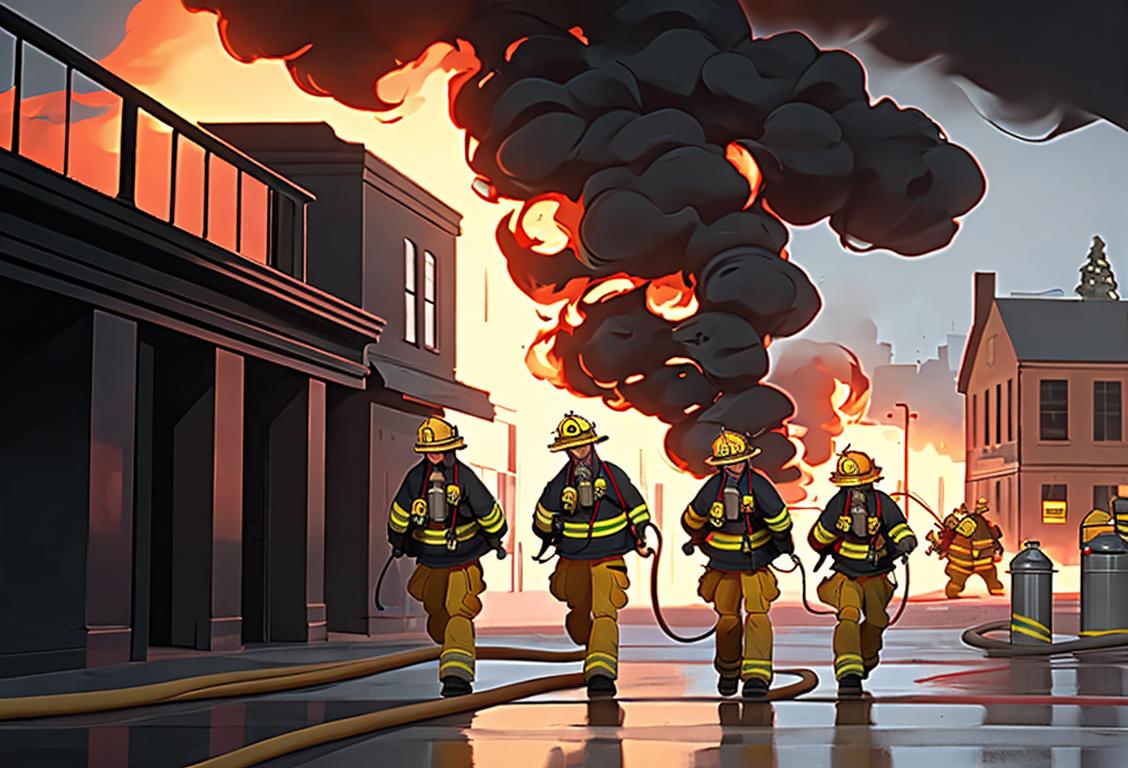 A group of firefighters in full gear, walking bravely towards a burning building, with a scenic city backdrop.