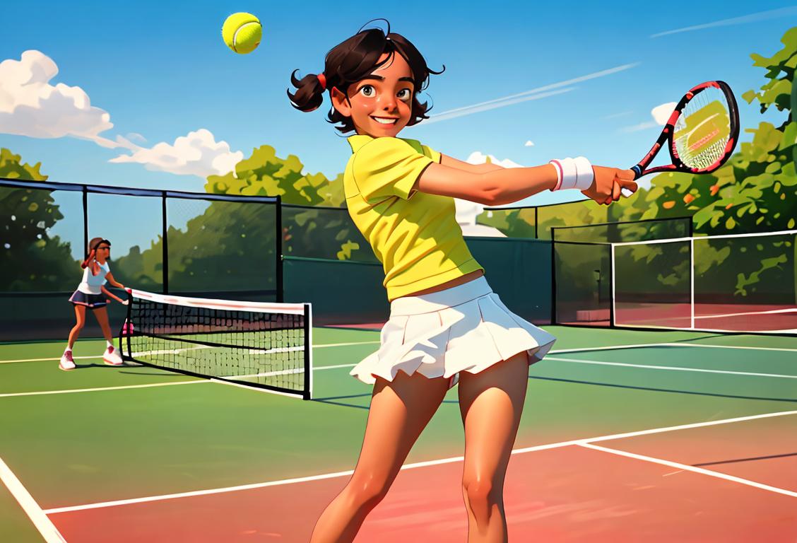 Young tennis player smiling in a bright tennis outfit, surrounded by a tennis court filled with cheering spectators..