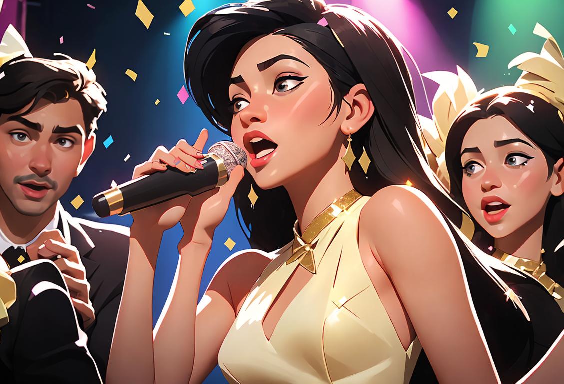 Young woman wearing a fabulous, sparkly dress, holding a microphone, surrounded by cheering friends and confetti..