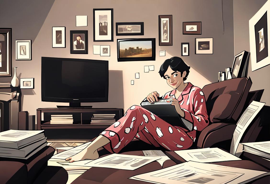 A person holding a TV remote with a mischievous smile, surrounded by stacks of paper representing cancelled BBC TV licences. Sitting in a cozy living room, wearing pajamas..
