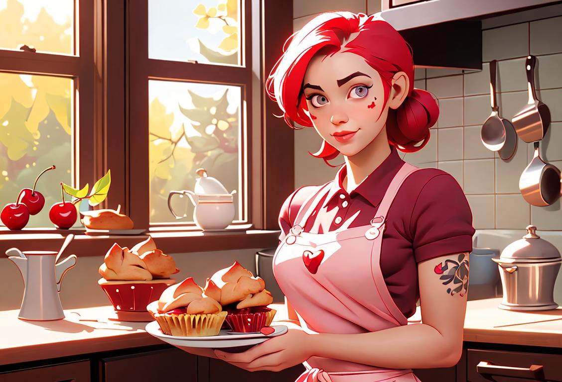 Young woman in a cozy kitchen, wearing a cherry-themed apron with muffin tattoos, surrounded by cherry pie muffins, radiating comfort and deliciousness..