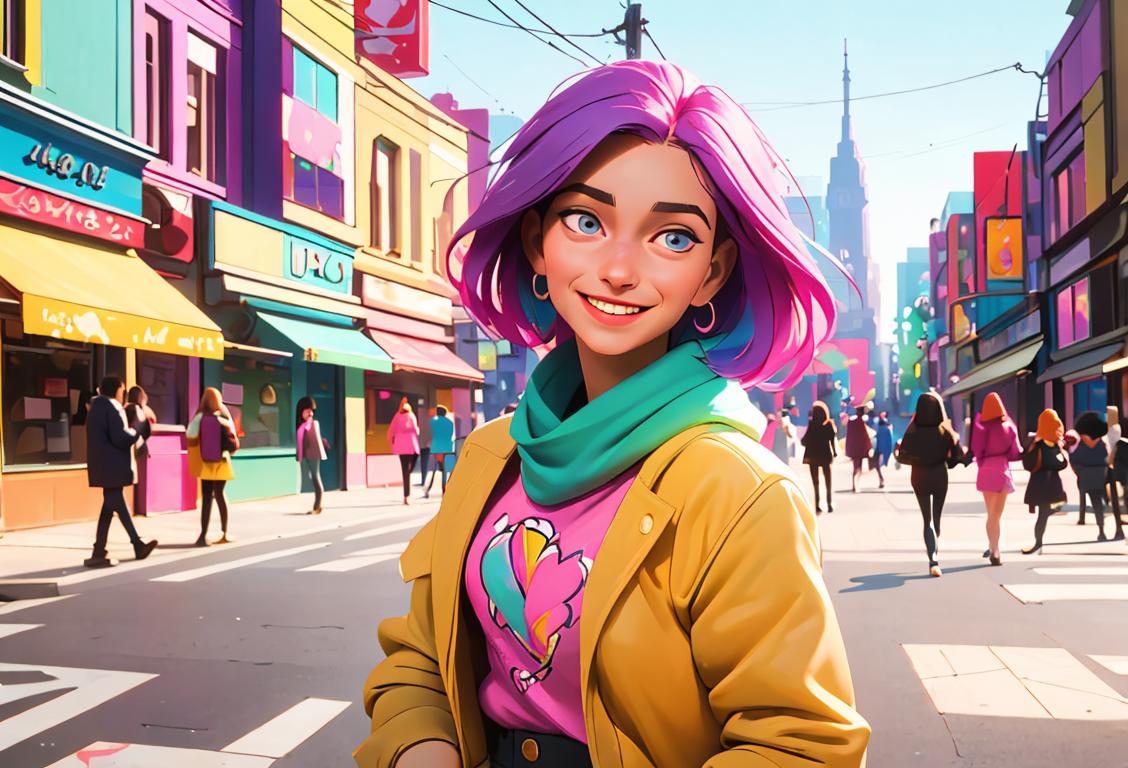 Young woman performing a random act of kindness, wearing colorful clothes, urban city setting, surrounded by smiling people..