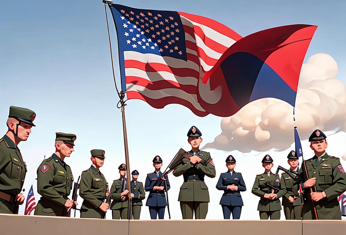 A group of National Guard members in uniform, standing proudly together, with an American flag waving in the background..