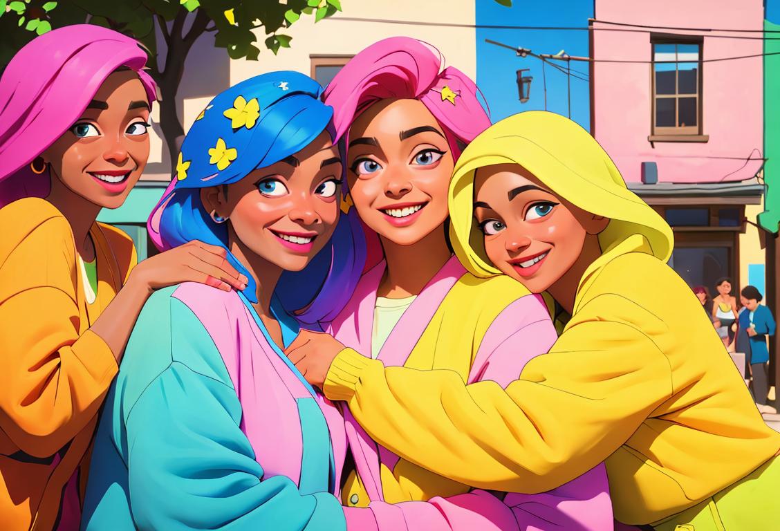 A group of diverse neighbors in colorful clothing, smiling and helping each other in a vibrant community setting..