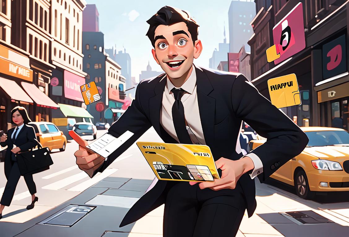 Happy person swiping a debit card, dressed in professional attire, bustling financial district in the background..