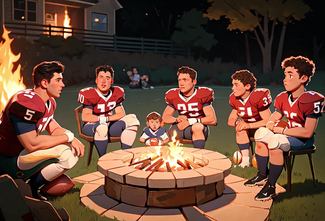 A family gathered around a bonfire, wearing cozy jerseys and surrounded by football memorabilia, classic American backyard setting..