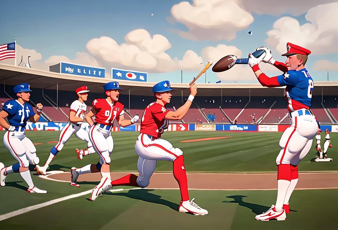 Group of athletes wearing patriotic colors, celebrating victory on Memorial Day, with a mix of different sports and outdoor settings..