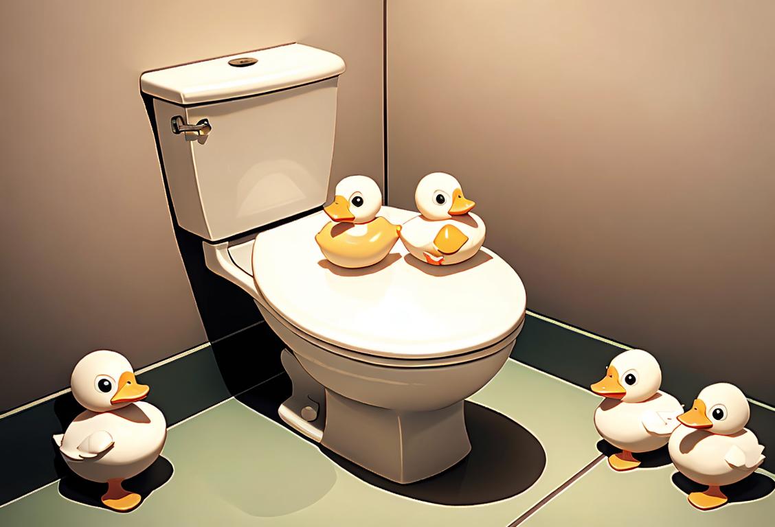 A happy person sitting on a decorated toilet seat, wearing pajamas, surrounded by bathroom decor and a cute rubber duck..