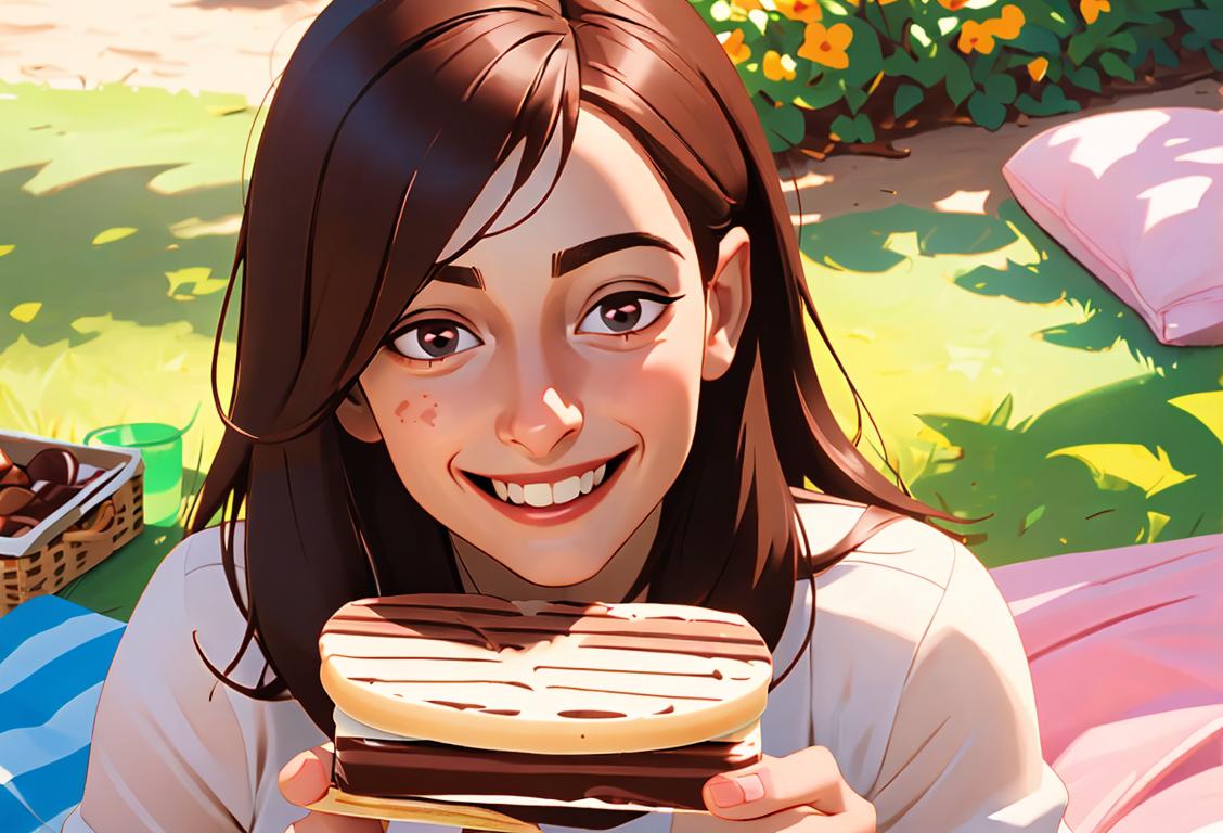 A delighted person holding a chocolate wafer with a smiling face, surrounded by a picnic scene on a sunny day..