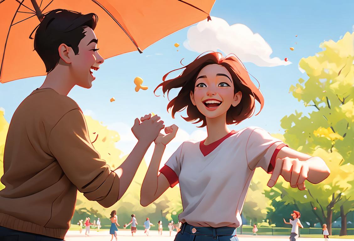 Two people playfully throwing hands in a park, wearing casual clothes, sunny day and lots of laughter..