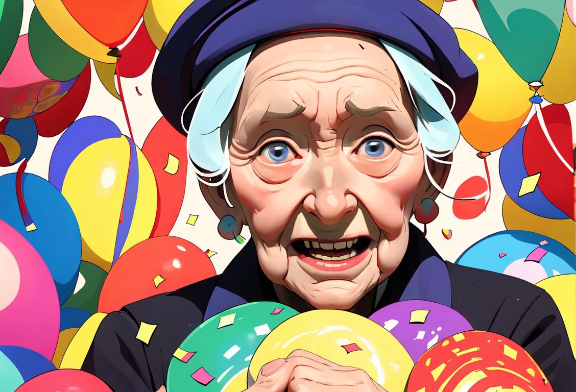 An image of a wise and cheerful centenarian surrounded by colorful confetti, with a backdrop showcasing landmarks representing long-lasting heritage and cultural significance..