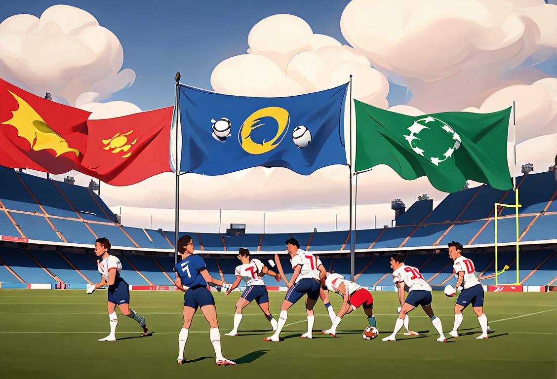 A group of athletes from different nationalities, wearing sports jerseys and holding their respective national flags, standing on a football field..