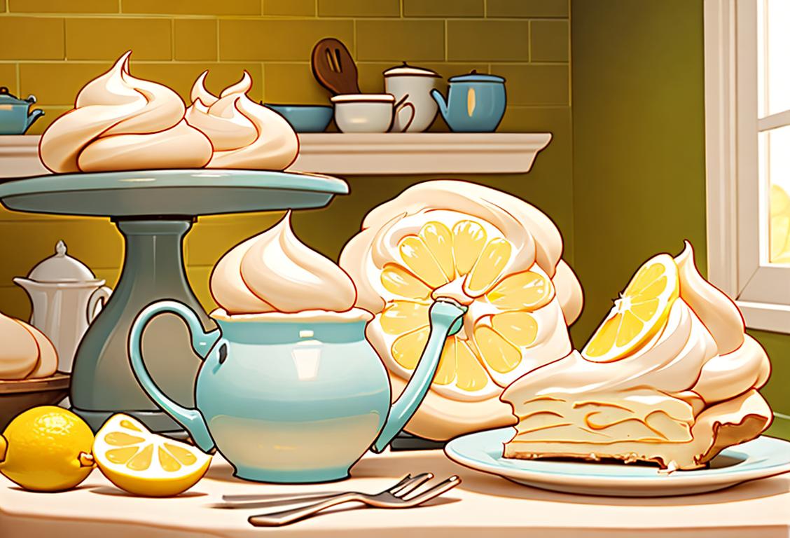 Brightly lit kitchen with a delicious lemon meringue pie, a cheerful chef, vintage apron, retro kitchen appliances.