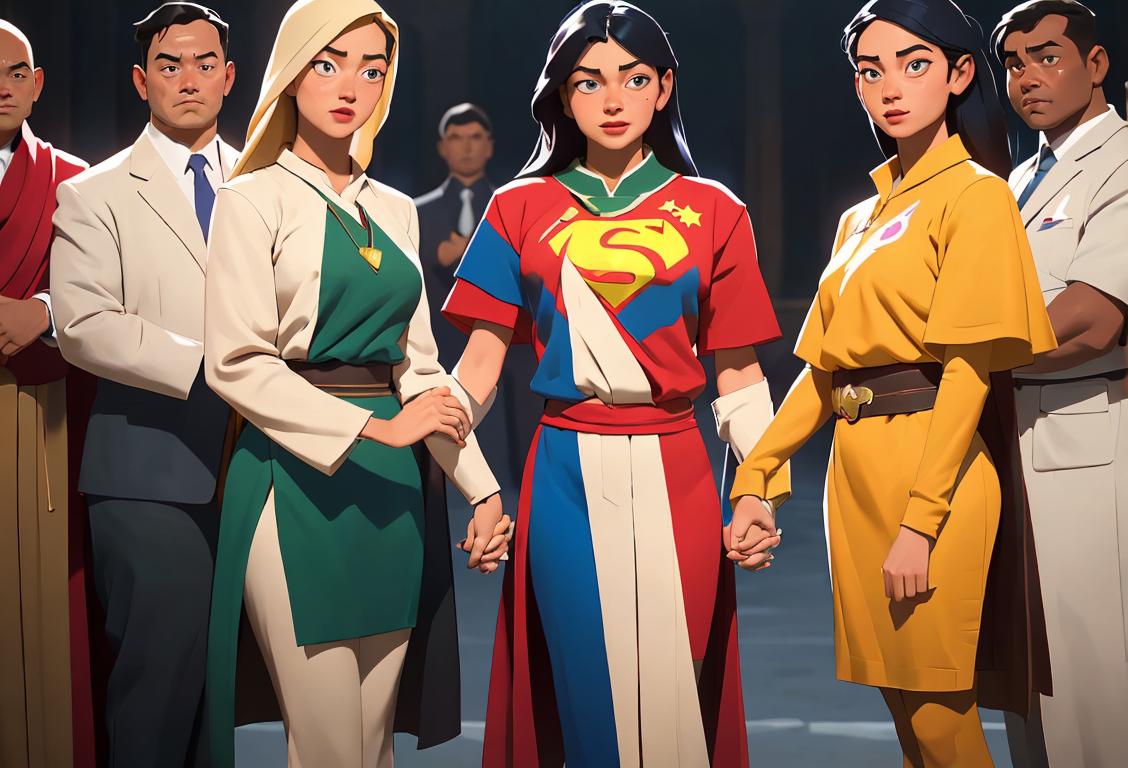 A diverse group of people dressed in attire representing different nationalities, holding hands, symbolizing unity and heroism..