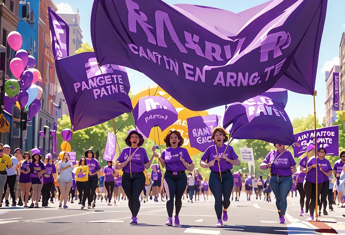 A diverse group of people wearing purple shirts, holding banners and walking together in a lively city parade to raise awareness for pancreatic cancer advocacy..
