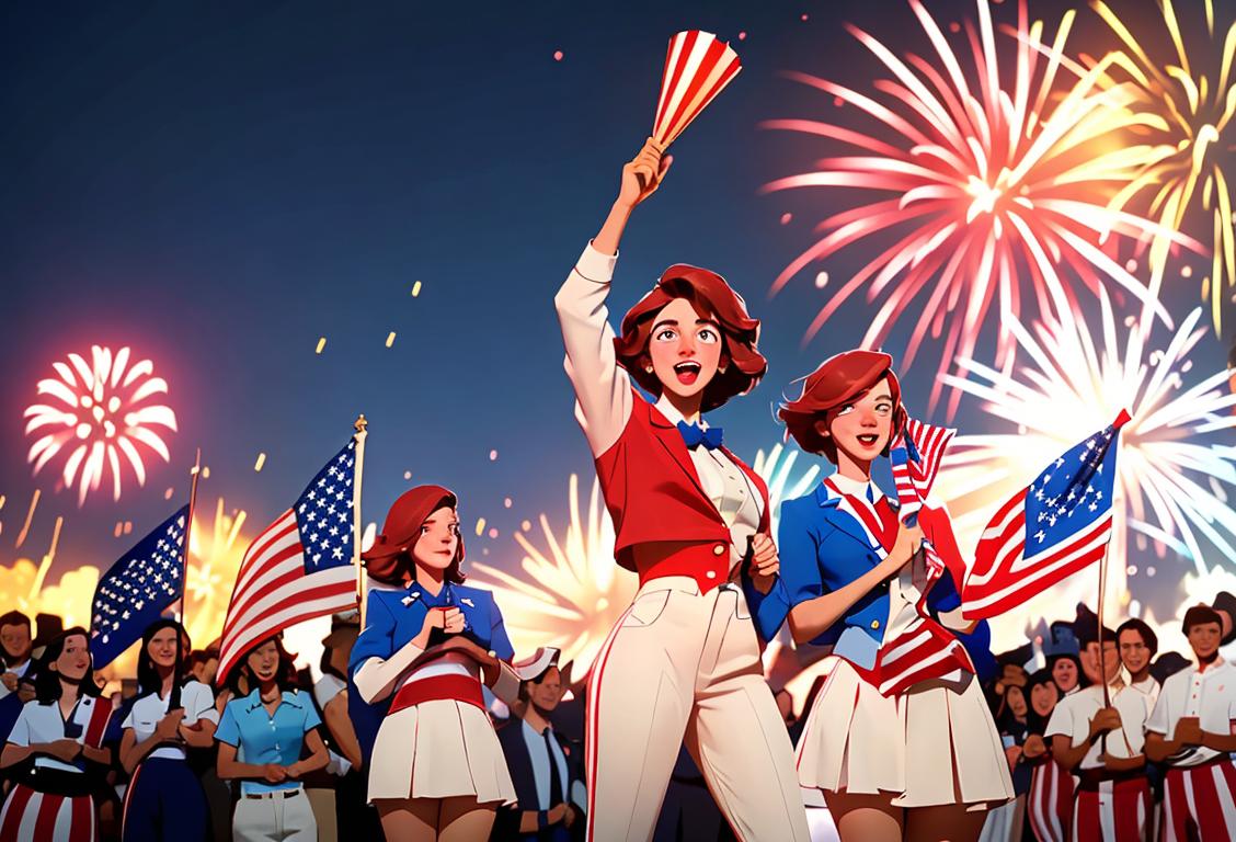 Young adults wearing red, white, and blue outfits, holding American flags in a lively parade, surrounded by fireworks and cheering crowd..