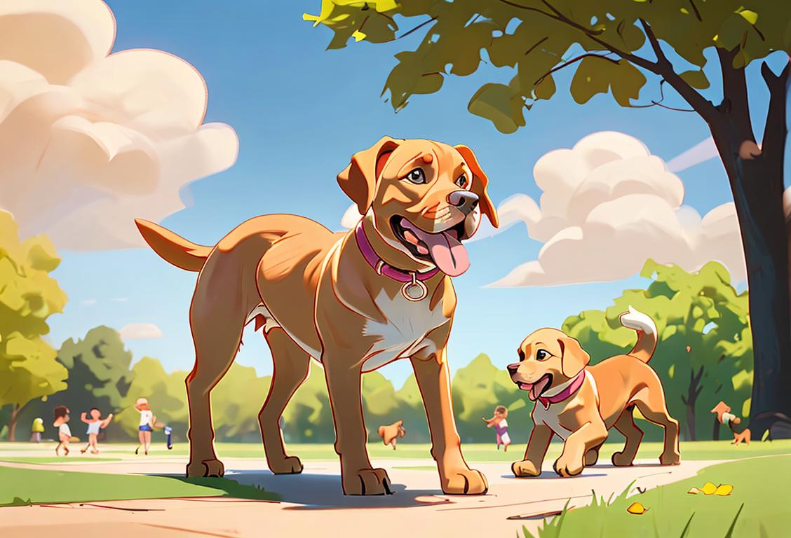 A joyful Labrador Retriever with a wagging tail, surrounded by children in a sunny park, wearing colorful summer clothes and playing fetch..