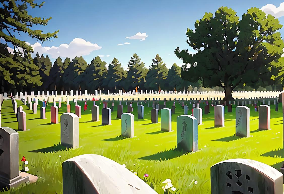 A solemn scene with rows of gravestones, an American flag gently waving in the background, and somber visitors paying their respects..